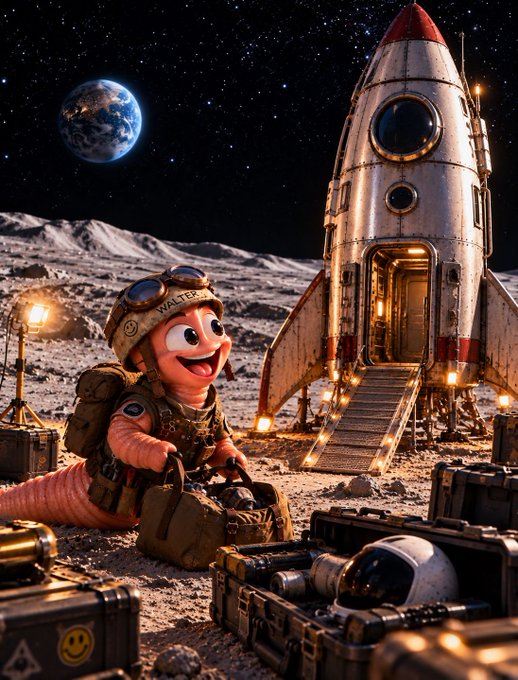 A digital illustration shows an anthropomorphic worm wearing a vintage aviator helmet and goggles, holding a duffel bag on a lunar landscape next to a retro-style rocket ship, with Earth visible in the starry sky above.