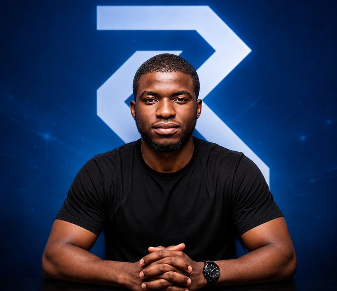 A professional portrait of a young Black man with a beard wearing a black t-shirt, sitting with his hands clasped in front of a blue background featuring a large stylized "R" or "7" logo.