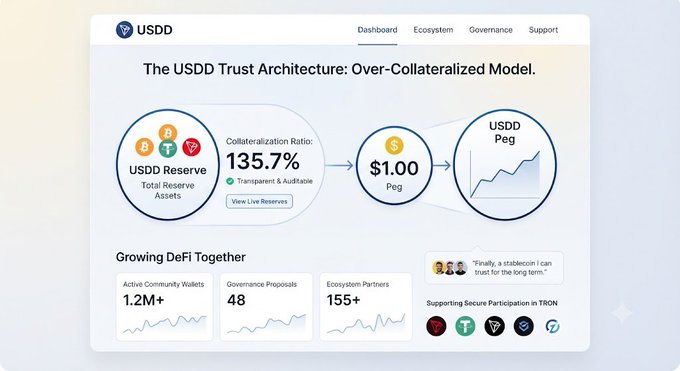 A dashboard for 'USDD' displaying 'The USDD Trust Architecture: Over-Collateralized Model' with a 135.7% collateralization ratio, $1.00 peg, 1.2M+ active community wallets, 48 governance proposals, and 155+ ecosystem partners, with text 'Growing DeFi Together' and 'Supporting Secure Participation in TRON'.