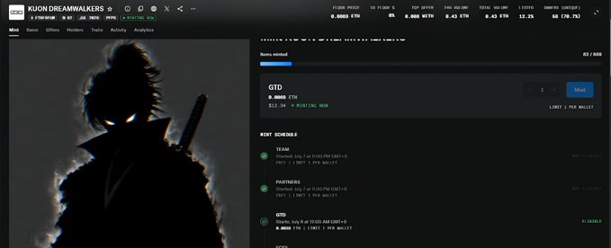 The image shows a profile page for "KUJON DREAMWALKERS" with a hooded silhouette character featuring glowing orange eyes, displaying portfolio metrics like $0.0000 PNL and 0 ETH holdings, along with a mint schedule for Team, Partners, and OGs rounds. This relates to the post as the user is referencing KUON NFTs and showing their wallet/dashboard view in anticipation of the reveal, highlighting their involvement in the mint rounds.