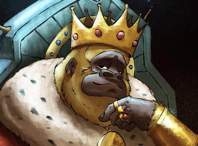 A digital illustration depicts a humanoid bear wearing a gold crown with red gems and a fur-trimmed royal robe, adorned with gold rings bearing a star symbol.