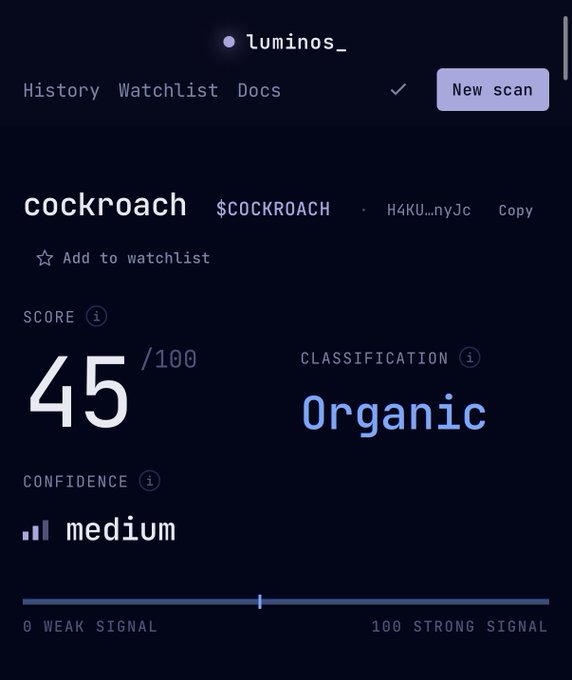 A dark-themed digital interface displaying a score of '45/100' for the token '$COCKROACH' with the classification 'Organic' and confidence level 'medium' on a 0-100 scale.