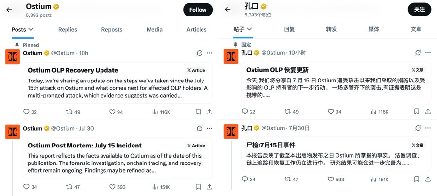 A side-by-side screenshot of an Ostium social media profile shown in English and Chinese, featuring pinned posts about the 'Ostium OLP Recovery Update' and 'Ostium Post Mortem: July 15 Incident'.