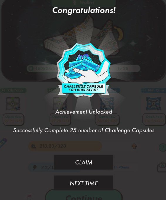 A game achievement screen displaying 'Congratulations! Achievement Unlocked - Successfully Complete 25 number of Challenge Capsules' with a 'CHALLENGE CAPSULE FOR BREAKFAST' badge.