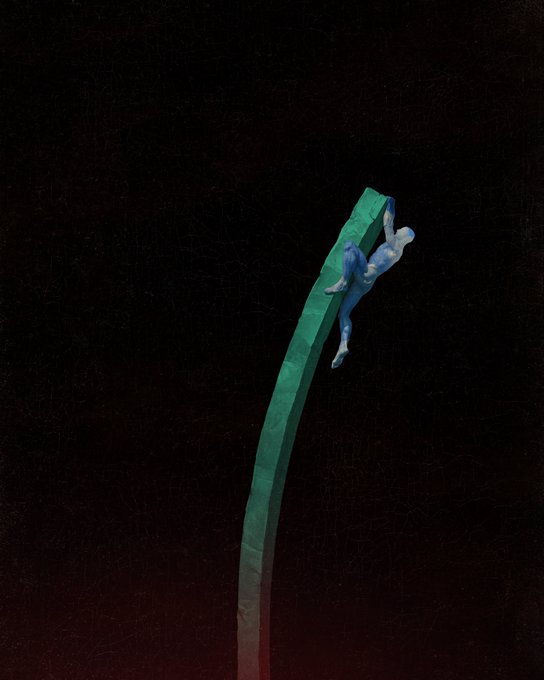 A surrealist painting by a classical master, reinterpreted modernly, depicting a blue figure clinging desperately to a green, geometric pillar suspended in a dark void.