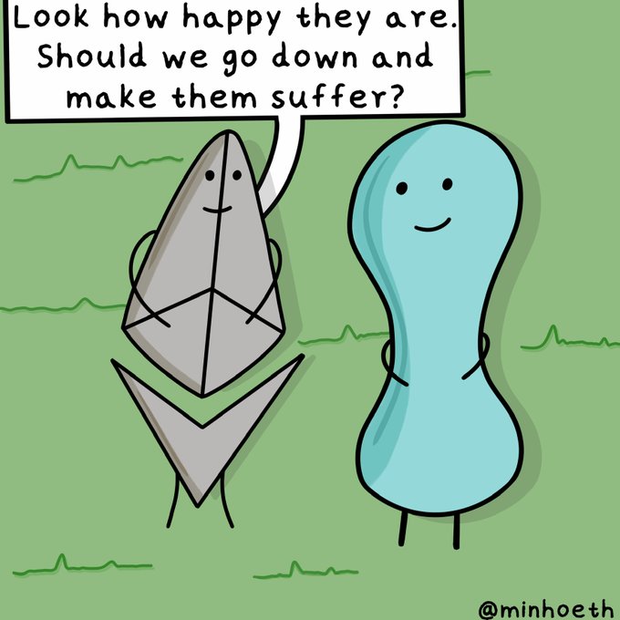A cartoon shows two smiling characters—one shaped like a gray geometric form and the other a blue blob—with the gray character asking, 'Look how happy they are. Should we go down and make them suffer?' The artist's signature reads @minhoeth.