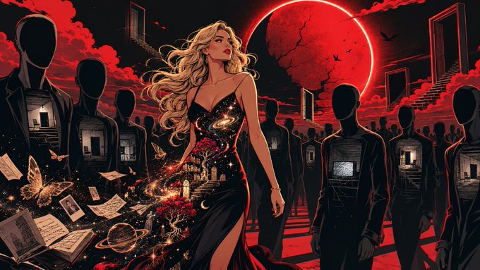 A dark surreal digital artwork showing a blonde woman in a galaxy-patterned dress surrounded by faceless humanoid figures containing doorways, with a red eclipse/moon in the background.