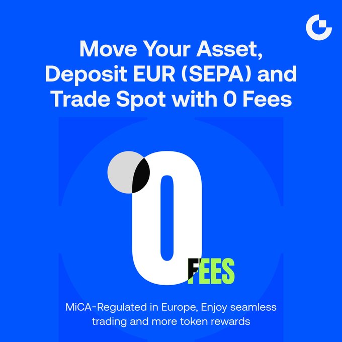 Blue promotional advertisement reading 'Move Your Asset, Deposit EUR (SEPA) and Trade Spot with 0 Fees,' highlighting a large '0 FEES' graphic and noting MiCA regulation in Europe.
