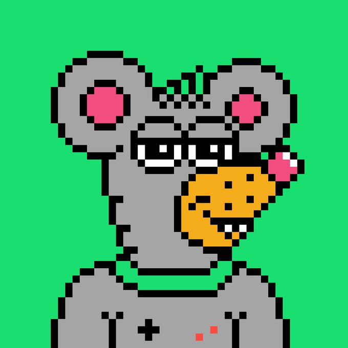 A pixel art illustration of a gray rat or mouse with pink ears and a piece of cheese in its mouth, set against a green background, representing the @nobadtrippers NFT project being praised in the post. The character appears to be wearing a small outfit with simple facial details.