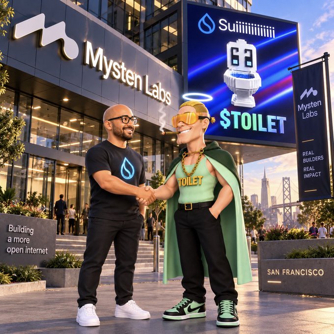A digital illustration shows a man in a Sui t-shirt shaking hands with a cartoonish character wearing a "TOILET" shirt in front of a Mysten Labs building in San Francisco.