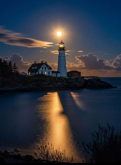 A scenic nighttime view of a white lighthouse with a glowing light, situated next to a white coastal house, with moonlight reflecting beautifully on the calm water below.