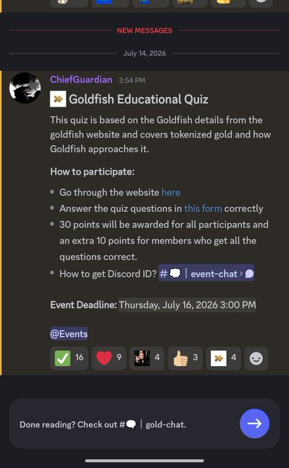 A Discord message from ChiefGuardian announcing a 'Goldfish Educational Quiz' event with instructions, a deadline of July 16, 2026, and emoji reactions.