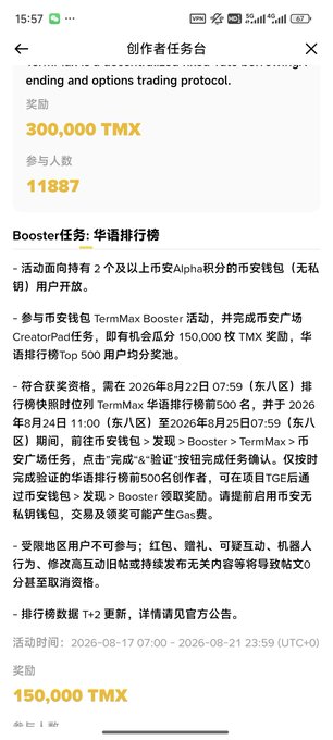 A mobile screen displaying a Chinese "创作者任务" (Creator Task) page for a TermMax Booster activity offering 300,000 TMX and 150,000 TMX rewards with 118,887 participants, valid from 2026-08-17 to 2026-08-21.