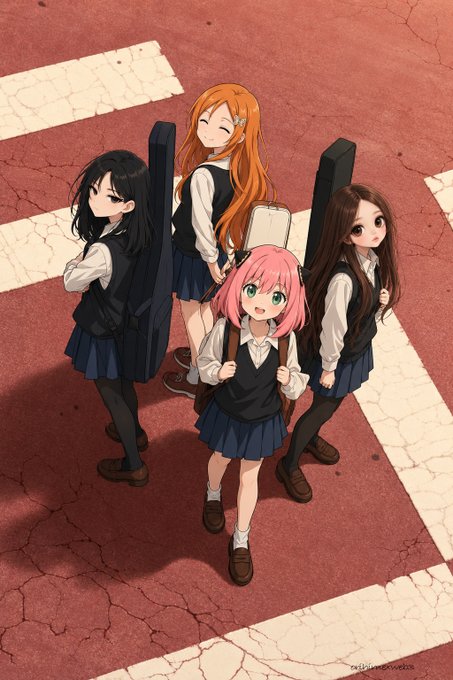 An anime-style illustration depicts Anya alongside three other schoolgirls with instrument cases walking on a red road marked with white crosswalk lines.