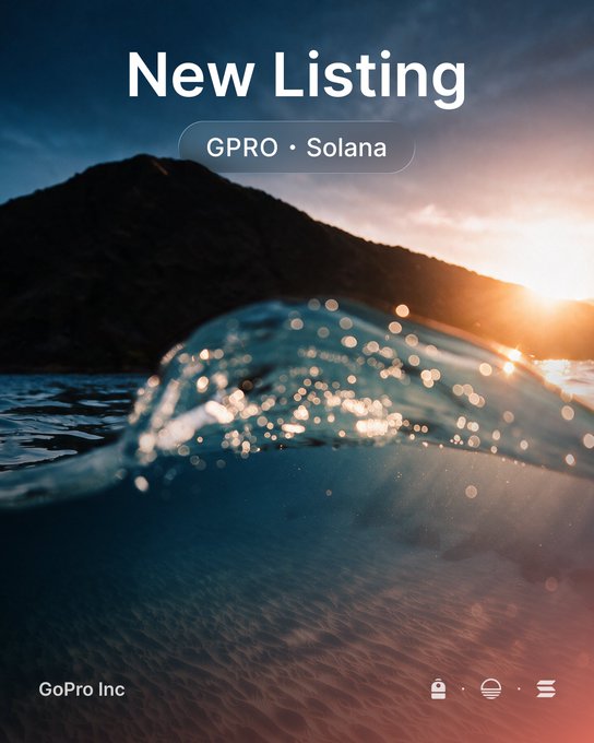 A sunrise over a breaking ocean wave appears with the text “New Listing” and “GPRO · Solana,” promoting Sunrise’s tokenized GoPro share issued by Backpack Securities. The image is branded “GoPro Inc” and visually links the new 24/7 Solana listing to GoPro’s action-camera and video-storage brand.