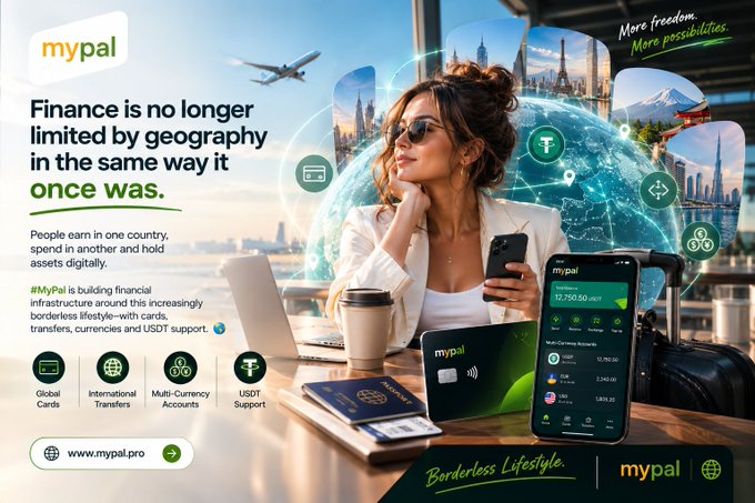 The image is a promotional banner for **MyPal**, featuring a woman in sunglasses at an airport with a global network graphic overlay, alongside physical MyPal cards and a mobile app displaying a balance of **17,750.50 USDT** with multi-currency accounts (USD, EUR, GBP). The tagline reads *"Finance is no longer limited by geography in the same way it once was,"* reinforcing the post's message about building borderless financial infrastructure through global cards, international transfers, multi-currency accounts, and USDT support.