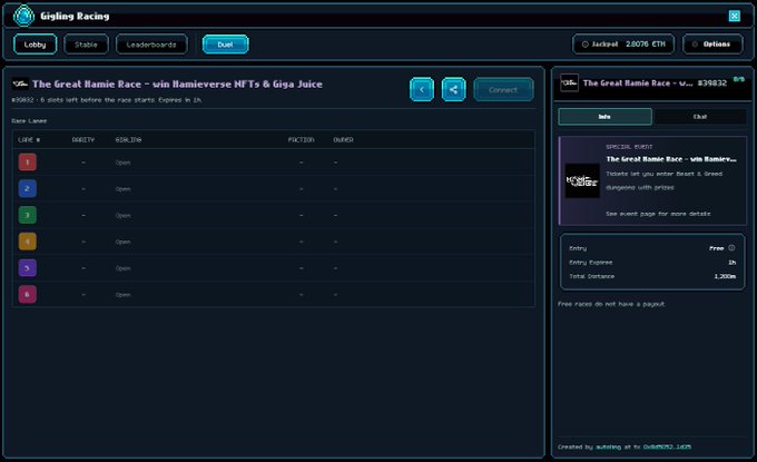 A Gigling Racing platform screen showing an upcoming NFT race titled 'The Great Ramie Race – vin Hamiverse NFTs & Giga Juice' with a buy-in of 1k and total contract value of 1.30k.