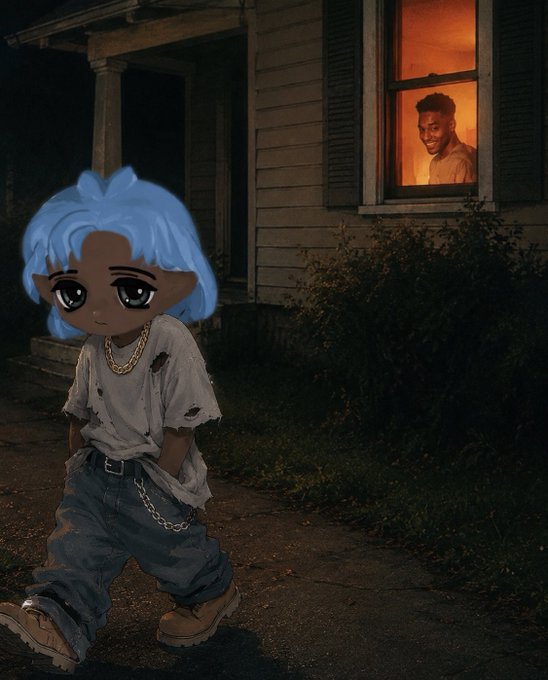 A digital illustration of a cartoon character with blue hair wearing a tattered white shirt, gold chain, and jeans standing outside a house at night, while a person looks out from a lit window.