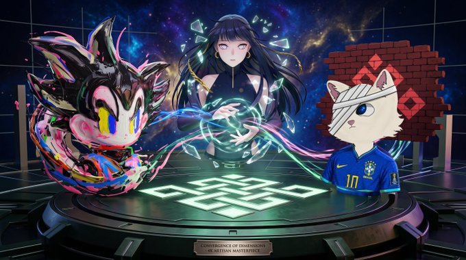 A fantasy digital artwork featuring a dark-haired girl manipulating energy between a chaotic demonic creature and a white cat wearing a Brazil soccer jersey (#10).