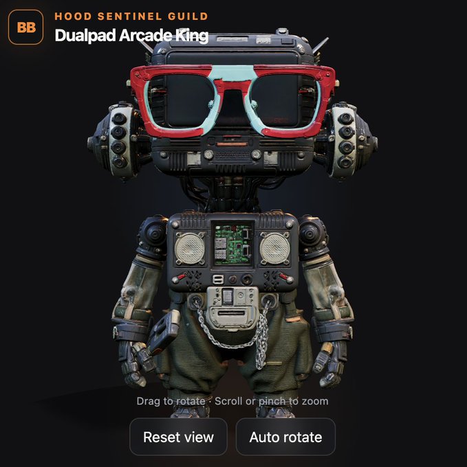 A 3D-rendered mechanical robot character named 'Dualpad Arcade King' from 'HOOD SENTINEL GUILD' features red sunglasses, a boombox-like chest, and a silver chain, with 'Drag to rotate · Scroll or pinch to zoom' instructions below.