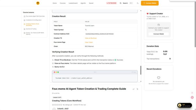 The image shows the "Creation Result" of a token named "Tutorial Learn" with the symbol "TL" and contract address `0xb858a5448da349983acc05d99e193c067f854444`, confirming its successful creation on the BSC Mainnet. This relates to the post about verifying a token to ensure it's real before purchasing.