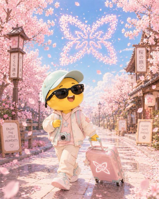 The image features a cartoon character dressed in white clothing with sunglasses and carrying a pink suitcase down a street lined with cherry blossom trees. The character appears to be walking towards a building, possibly an Asian restaurant or a hotel, as indicated by the presence of signs on the buildings. The scene is set against a backdrop of pink cherry blossoms, creating a visually appealing and whimsical atmosphere.