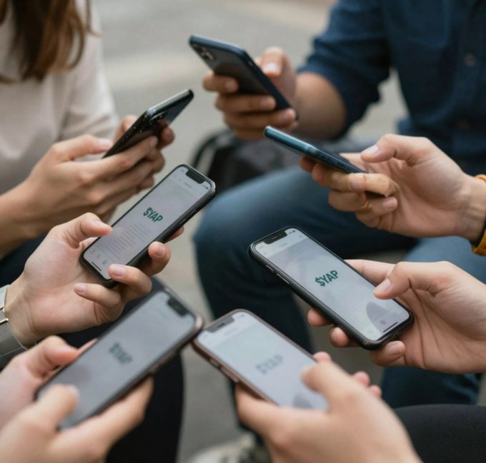 A group of people sit in a circle with their smartphones pointed toward the center, each screen displaying the ticker 'SYAP'.