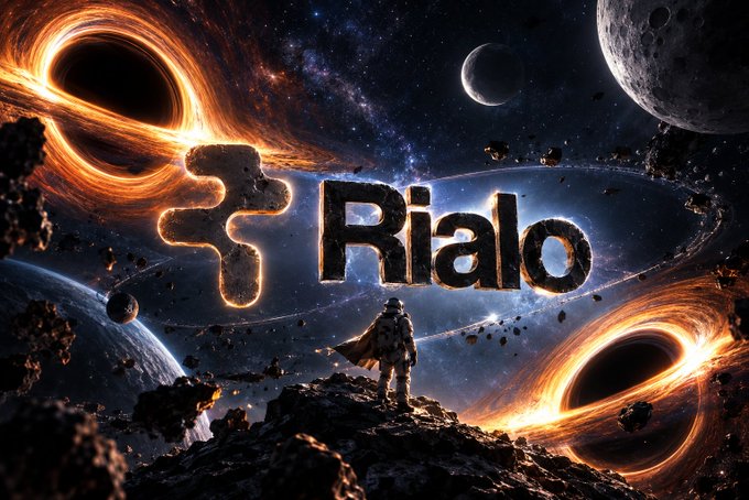A space-themed graphic featuring the word "Rialo" in 3D text next to a stylized symbol, set against a backdrop of black holes, planets, and an astronaut on a rocky surface.