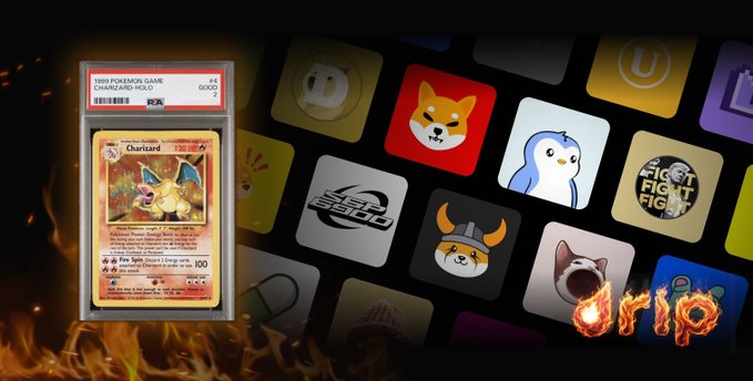 A graded 1999 PSA 2 Pokemon Game Base Set holographic Charizard card displayed against a background of various colorful app icons.