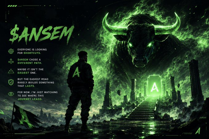 A motivational poster titled "$ANSEM" featuring a man standing before a green glowing bull and a portal marked "A," with text about choosing different paths and shortcuts.