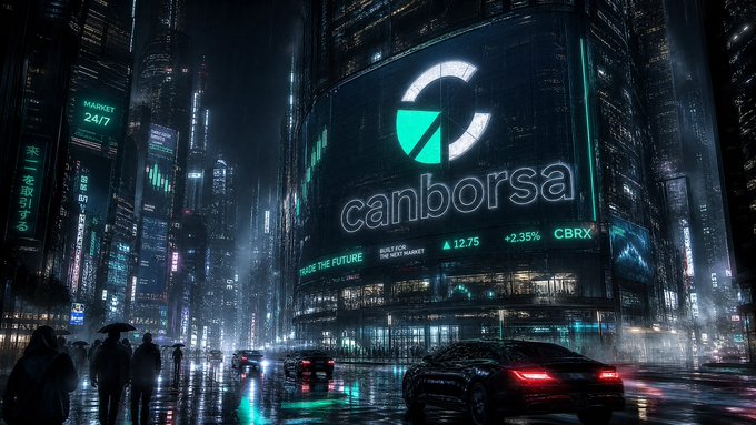 A futuristic cyberpunk cityscape at night featuring a large building displaying the 'canborsa' logo and ticker with '12.75 +2.35%', alongside Asian characters and a 'TRADE THE FUTURE' tagline.