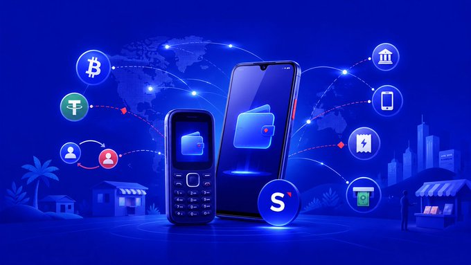 The image features a cell phone with an app icon that says "S" on its screen. The phone is placed next to another cell phone, both of which are connected by blue lines. The background of the image displays various icons related to cryptocurrency and mobile payments, such as Bitcoin, Ethereum, Ripple, and Litecoin. The text in the image reads: "Focus on what is in the image and how it relates to the post".