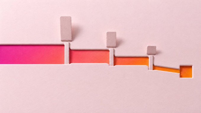 A minimalist photograph of a paper craft or cutout featuring a pink and orange gradient color spectrum held together by small clips against a white background.