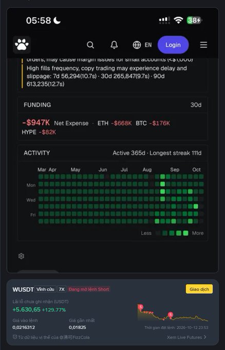 A smartphone screenshot of a crypto trading dashboard showing funding data, expenses broken down by ETH/BTC/HYPE, an active trading streak heatmap, and a WUSDT price chart up 129.77%.
