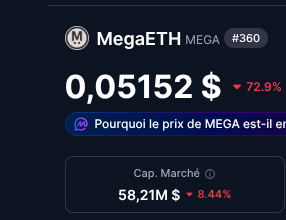 The image shows an online advertisement for cryptocurrency. The advertisement displays two options - a "megaphone" symbol representing MegaETH trading platform and a "pourquei le prix de MetaGTA est-il en" indicating that users can bid on MetaGTA projects. The numbers 0.051, 0.0, 0.11, 0.13 are present in the advertisement.