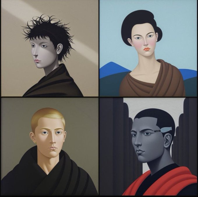 Four-panel artwork showing stylized portrait illustrations of figures with distinct hairstyles and clothing in muted earth tones with blue and red highlights.