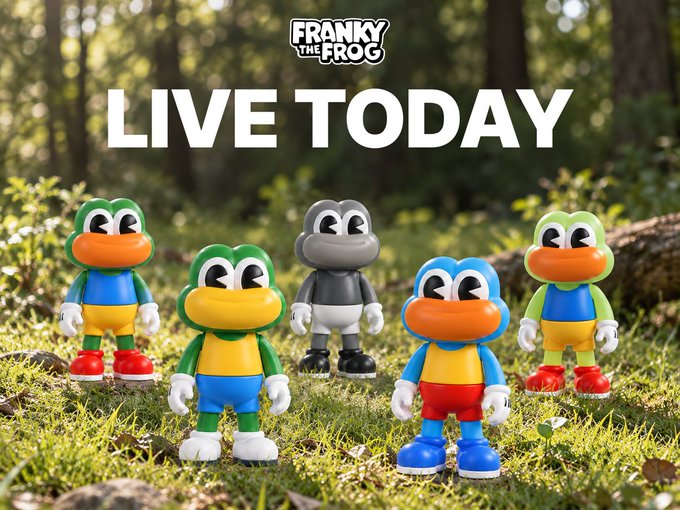 A promotional image for 'FRANKY THE FROG' NFTs featuring five 3D-rendered frog characters in various colors standing on grass with the text 'LIVE TODAY' prominently displayed.