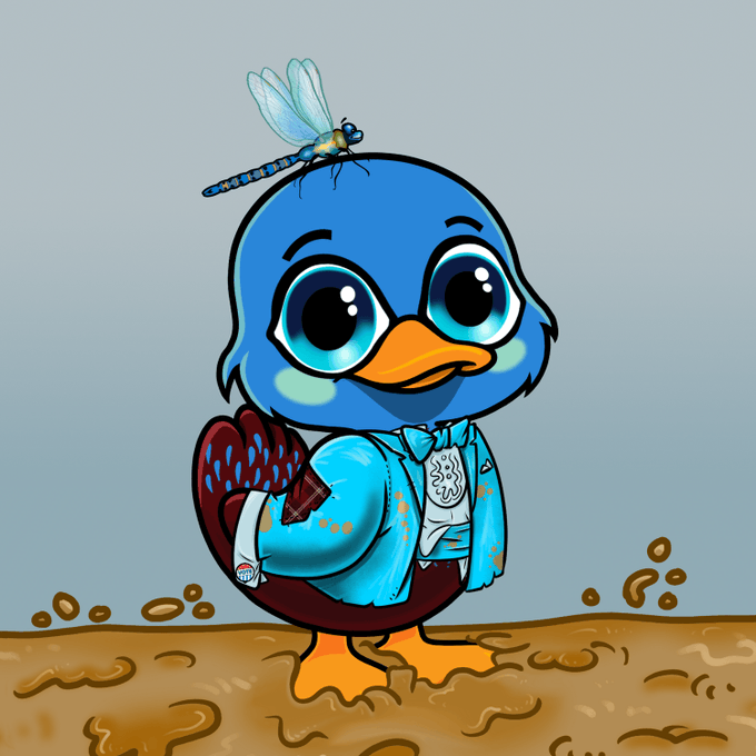 A cheerful cartoon blue duck wearing a teal jacket stands on muddy ground with a dragonfly resting on its head, evoking a relaxed end-of-day vibe that matches the "goodnight" message celebrating small wins like new friends, spaces, and games shared with the CT (crypto Twitter) community.