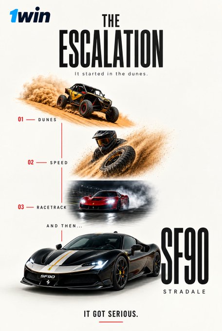A 1win promotional graphic titled "THE ESCALATION" showcases a three-stage journey—from a dune buggy (01), to off-road speed (02), to a racetrack (03)—culminating in a sleek Ferrari SF90 Stradale under the tagline "It got serious."