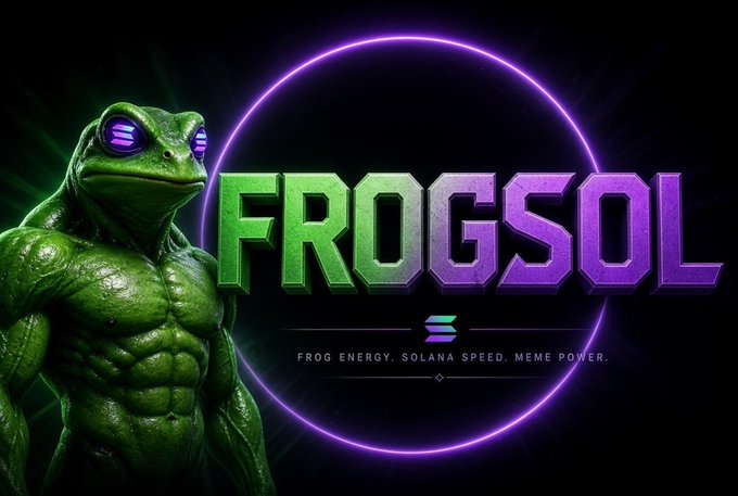 A muscular green frog with glowing purple eyes stands beside a neon-lit "FROGSOL" logo featuring the tagline "FROG ENERGY. SOLANA SPEED. MEME POWER." and the Solana symbol, visually aligning with the post's hype of $FROGSOL as a high-potential 1000x memecoin on the Solana blockchain.