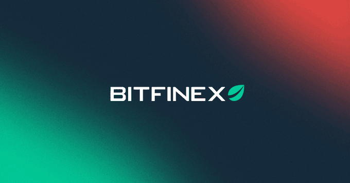 A dark promotional banner displaying the BITFINEX logo with a teal leaf icon against a gradient background of green and red.