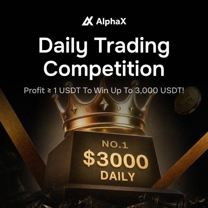 An advertisement for an 'AlphaX Daily Trading Competition' offering a top prize of 'NO.1 $3000 DAILY' with the text 'Profit ≥ 1 USDT To Win Up To 3,000 USDT!'.