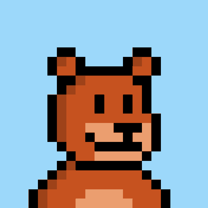 A pixel art portrait of a brown bear-like character with a lighter muzzle and inner ears set against a light blue background.