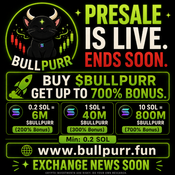 The image is a promotional graphic for the $BULLPURR token presale, featuring a black cat mascot with bull horns alongside bullish green and red candlestick charts. It advertises tiered bonuses—200% for 0.2 SOL (6M tokens), 300% for 1 SOL (40M tokens), and 700% for 10 SOL (800M tokens)—with the website bullpurr.fun displayed prominently and a note that exchange listings are coming soon.