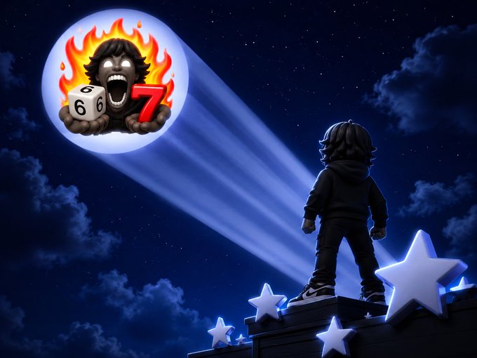 An illustration of a hooded figure standing on stars looking up at a moon, where a flaming-headed character holds a die showing '6' and a red '7'.