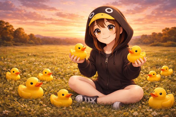 The image features a girl sitting in a field with yellow rubber ducks surrounding her. The girl appears to be wearing a hooded sweatshirt or jacket, which adds an element of whimsy to the scene. The ducks are scattered around her, some closer while others are further away, creating a sense of depth and space within the image.