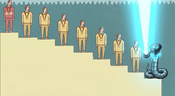 An illustration depicts people standing on a podium where the gold medalist is a snake projecting blue beams from its eyes.
