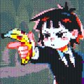 A pixel-art chibi character wearing a dark cap and hoodie aims a yellow-and-red toy water gun forward. The image's playful aesthetic and posted context align with the "Gm xrp has NFTs" message, suggesting the NFT collection's cute, anime-inspired character designs.