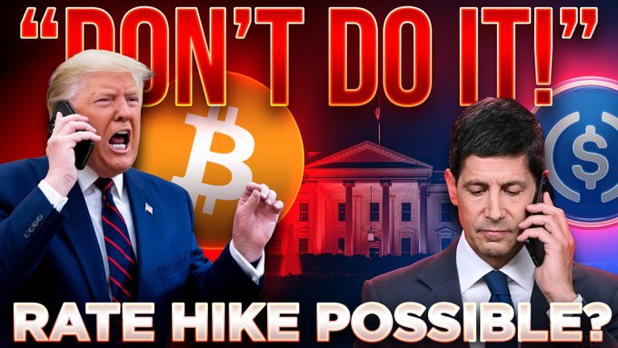 The image features Donald Trump and another man on phones with a Bitcoin symbol and the White House in the background, accompanied by text stating "DON'T DO IT!" and "RATE HIKE POSSIBLE?". This visually represents the post's topic of a potential rate hike and its relation to cryptocurrencies like $BTC.