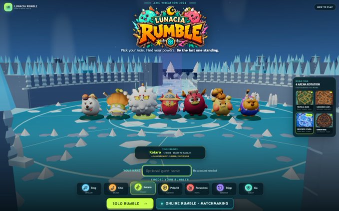 A screenshot of the "Lunacta Rumble" video game character selection screen with cute round creatures displayed on an icy arena, showing elemental types like Fire, Water, Nature, and Ice.